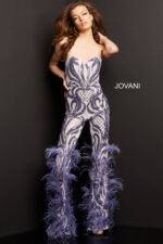 Model wearing Jovani 05669 lilac jumpsuit with sweetheart neckline and feathered hem.