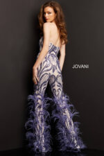 model showing back of Jovani 05669 lilac jumpsuit
