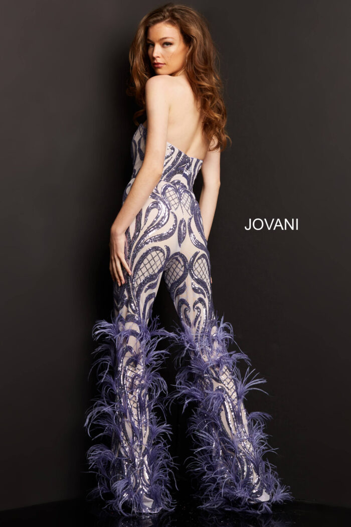 model showing back of Jovani 05669 lilac jumpsuit