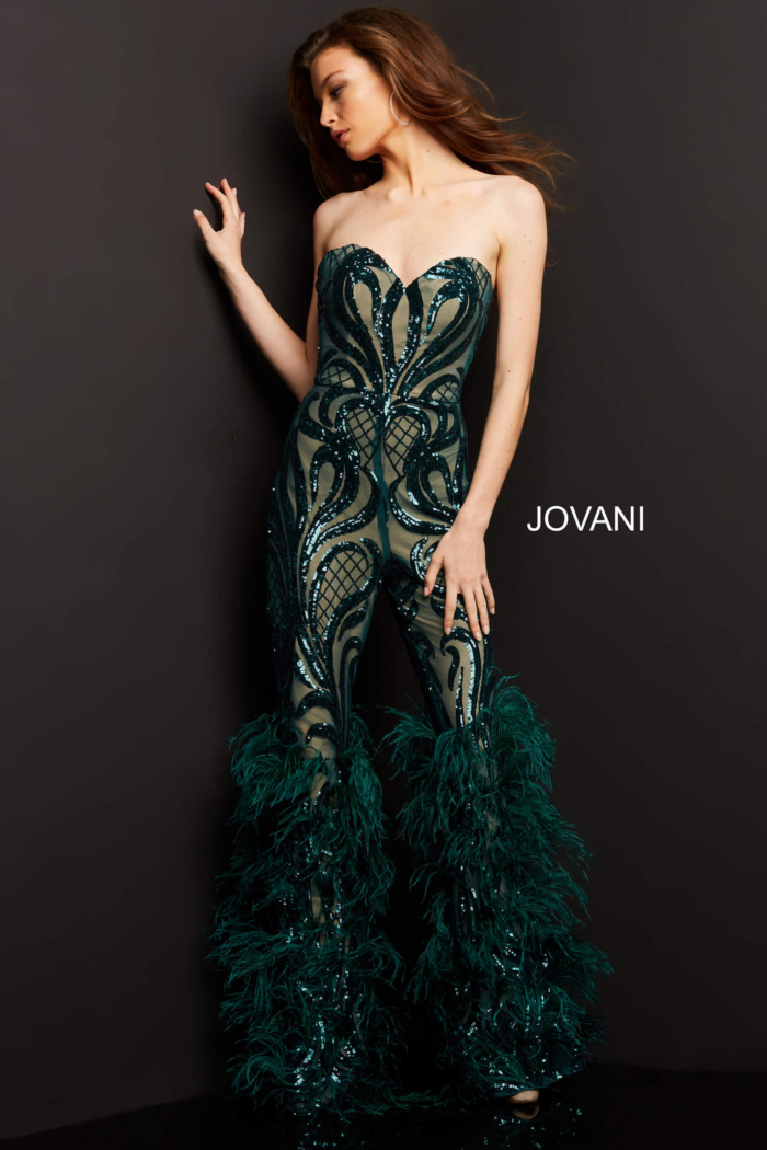 Model wearing Jovani 05669 Embellished Sweetheart Neck Jumpsuit