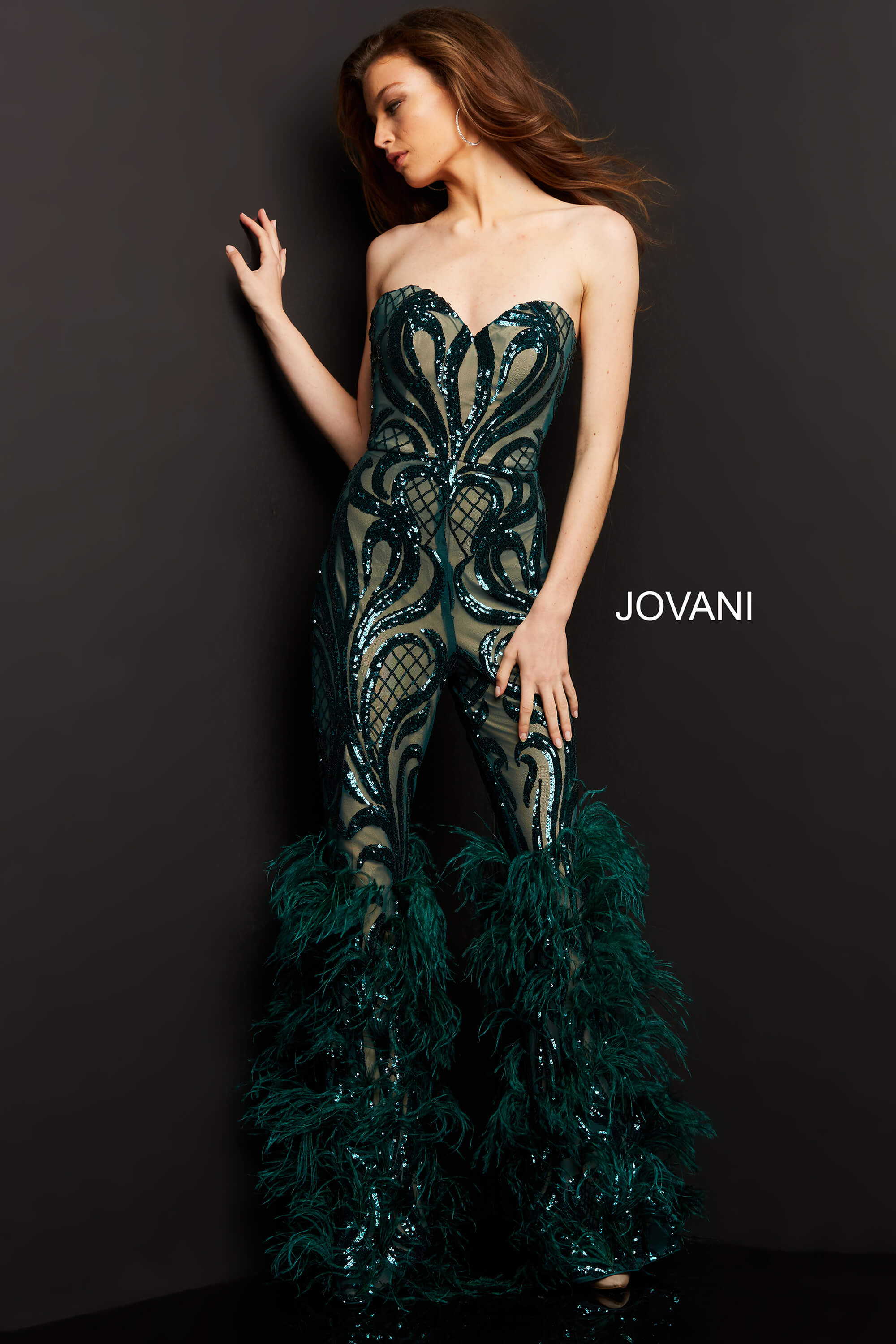 Model wearing Jovani 05669 Embellished Sweetheart Neck Jumpsuit