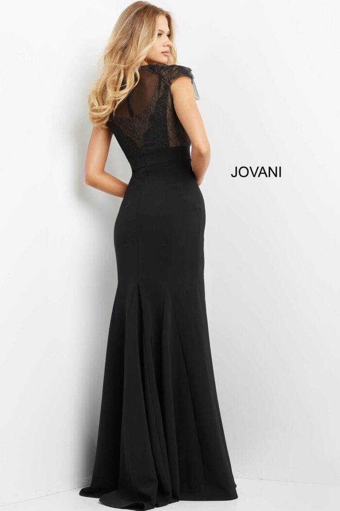 Back view of Jovani 05675 black gown with delicate zipper detail.