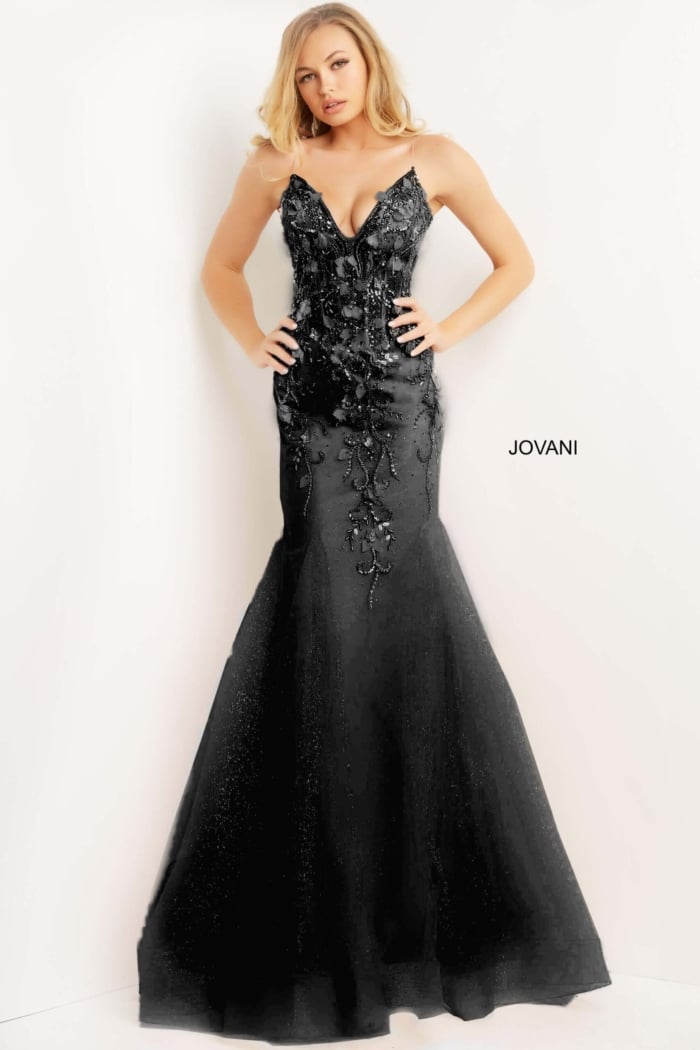 Model wearing Jovani 05839 perri Plunging Neck Mermaid Prom Dress