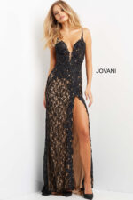 Model wearing Jovani 05850 black evening gown with plunging neckline and high slit.