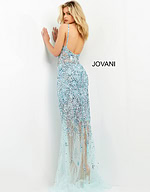 Model wearing Jovani 05872 light blue gown with open back and delicate straps.