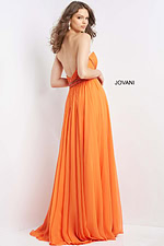 Model in Jovani 05971 orange gown, front view, featuring pleated fabric and criss-cross waist.
