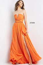 Model wearing Jovani 05971 orange dress, front view, with plunging neckline and high slit.