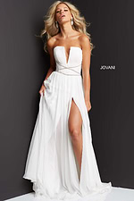 Model wearing Jovani 05971 white dress, front view, floor-length with a V-neckline and high slit.