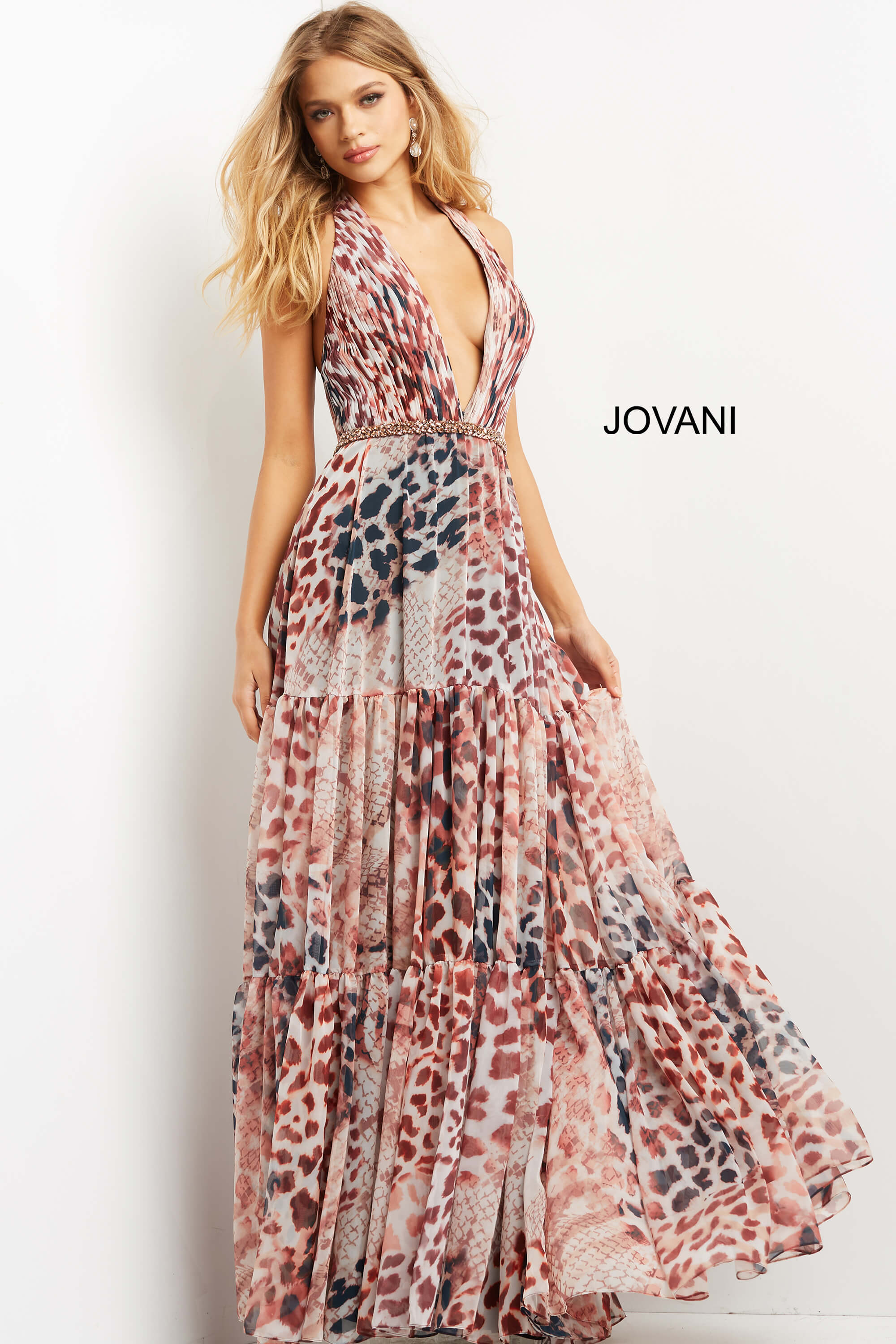 06088-Animal20Print-201.jpg Model wearing Jovani 06088 dress with animal print and plunging V-neckline.