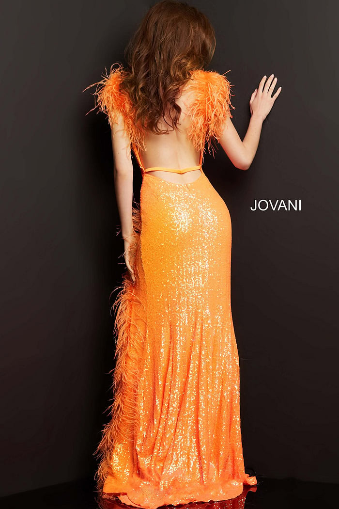 Model wearing Jovani 06164 orange dress with open back and feather details, back view