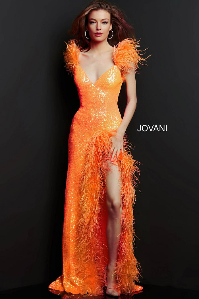 Model wearing Jovani 06164 Black Sequin and Feather Fitted Dress