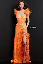 Model wearing Jovani 06164 orange gown with high slit, front view