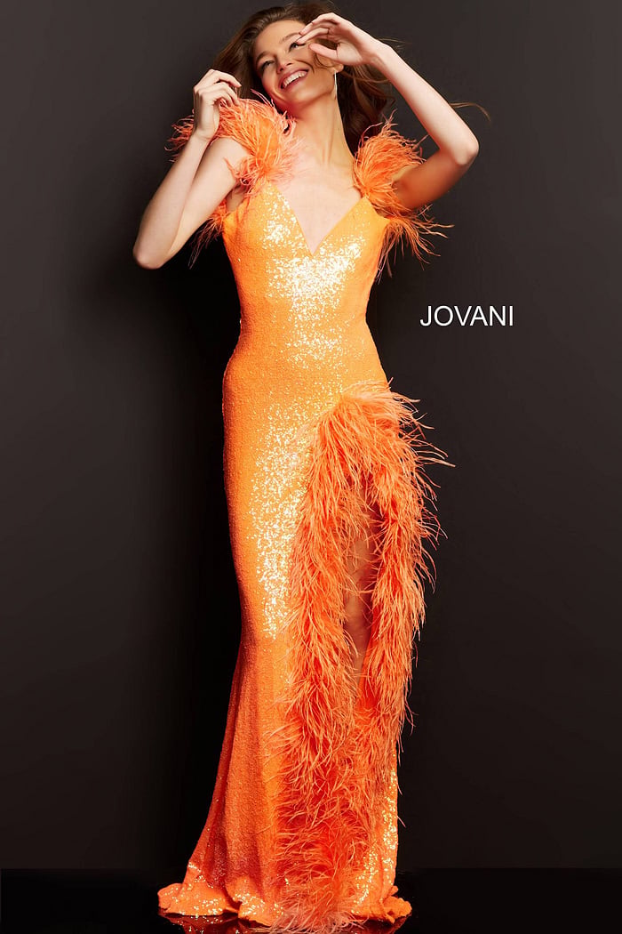 Model wearing Jovani 06164 orange dress with sequins and feather accents, front view