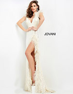 Model wearing Jovani 06164 beige dress with feather details, front view