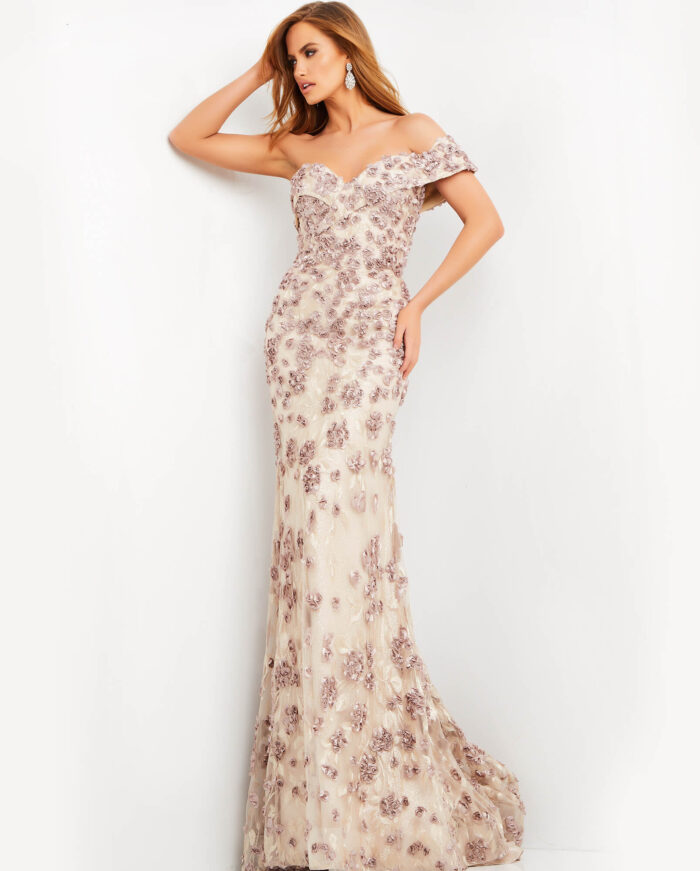 Model wearing Jovani 06169 cafe gown with off-shoulder neckline and lace appliques.