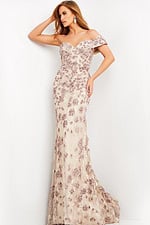 model wearing 06169 off-the-shoulder café dress with floral details