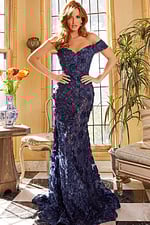 front view of 06169 navy dress with floral details