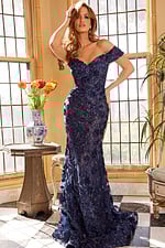 front view of model wearing 06169 navy dress with floral details