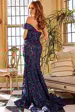 back view of model wearing 06169 navy dress with floral details