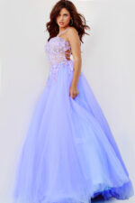 Model in Jovani 06207 lilac ball gown front view featuring delicate applique work.