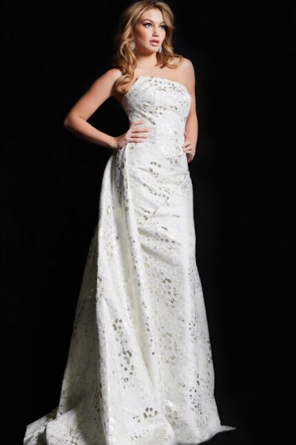 model wearing 06255 elegant beige gown with strapless neckline and textured fabric