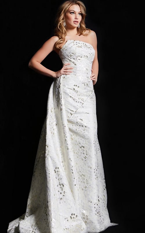 model wearing 06255 elegant beige gown with strapless neckline and textured fabric