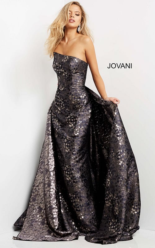 Model wearing Jovani 06255 gray gown with sweetheart neckline and A-line silhouette from the front.