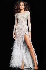 Model wearing Jovani 06344 in white with multi-colored beading and high slit.