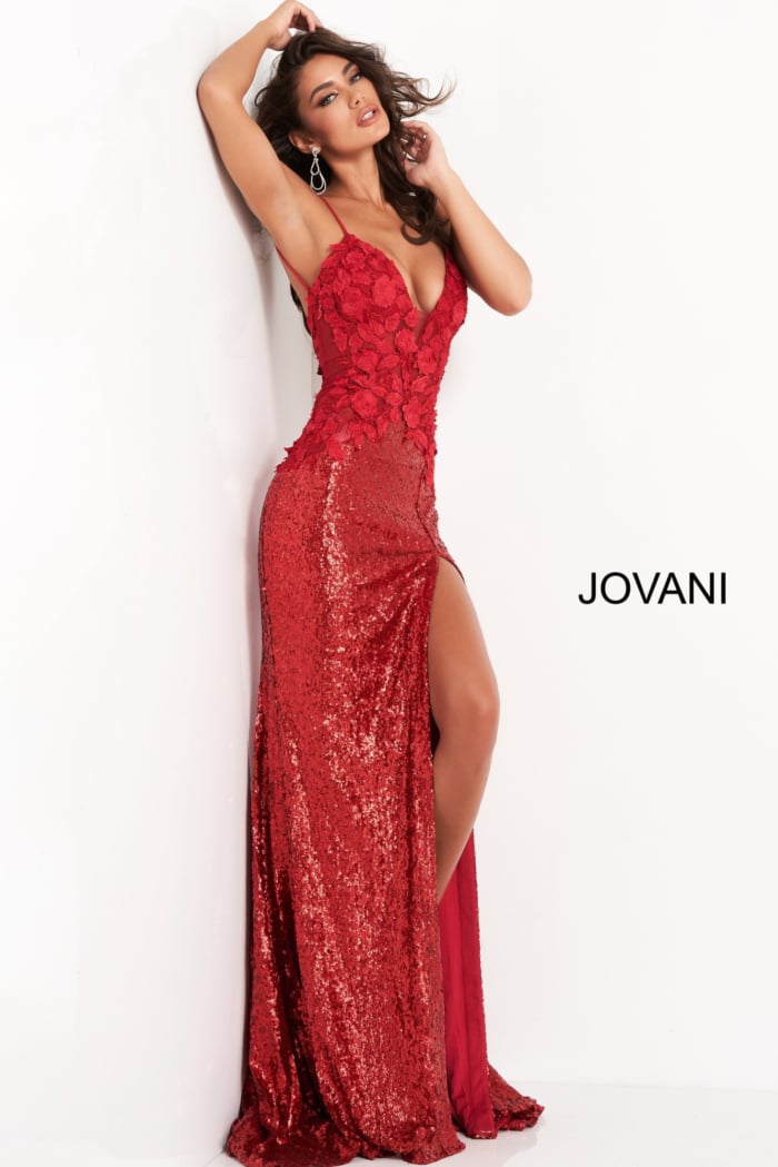 side view of model in Jovani 06426 red gown