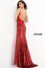 back view of model in Jovani 06426 red gown with open back