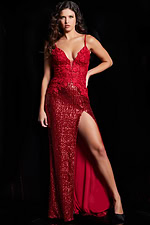 model showcasing Jovani 06426 red gown with floral bodice and slit