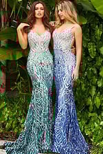 Two models wearing Jovani 06450 dress with silver and detailed patterns.