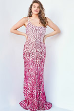 Front view of model wearing Jovani 06469 pink gown, showcasing elegant design and beadwork.