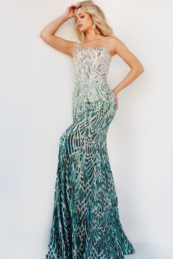 Model wearing Jovani 06469 silver sequined dress
