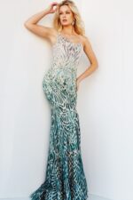 Model wearing Jovani 06469 silver sequined dress back
