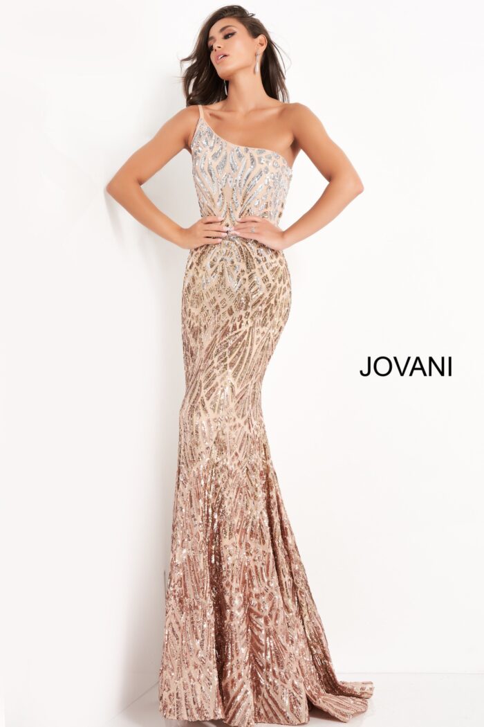Model wearing Jovani 06469 silver floor-length sequined dress