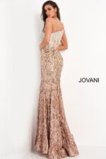 Model wearing Jovani 06469 silver sequined dress back view