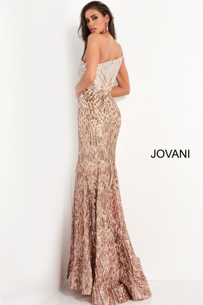 Model wearing Jovani 06469 silver sequined dress back view