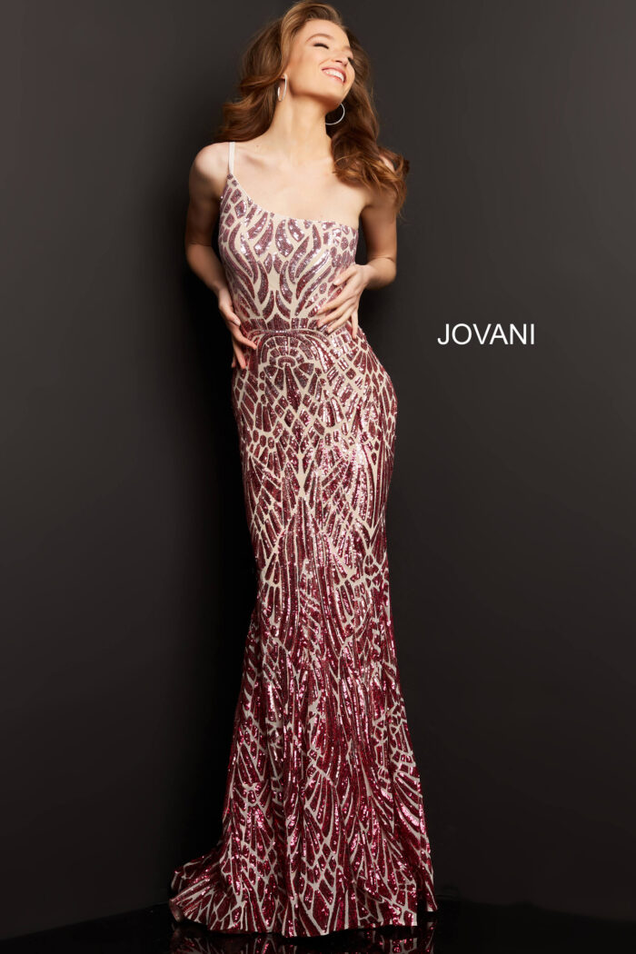 Model wearing Jovani 06469 pink sequined dress