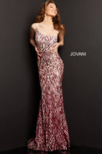 Model wearing Jovani 06469 pink sequined dress