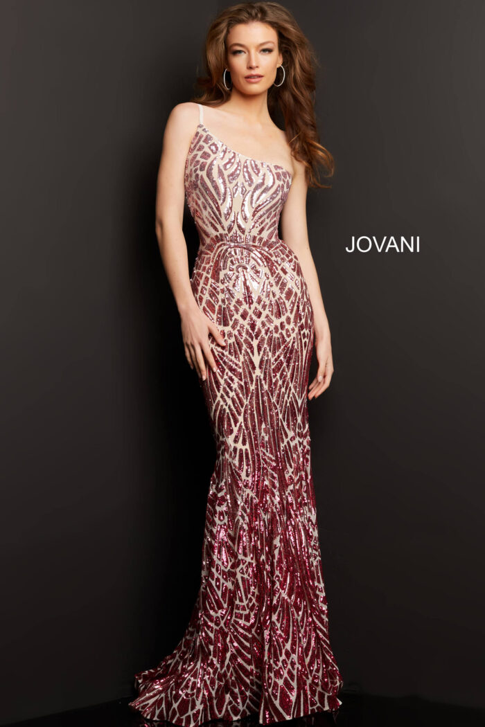 Model wearing Jovani 06469 pink fuchsia sequined dress