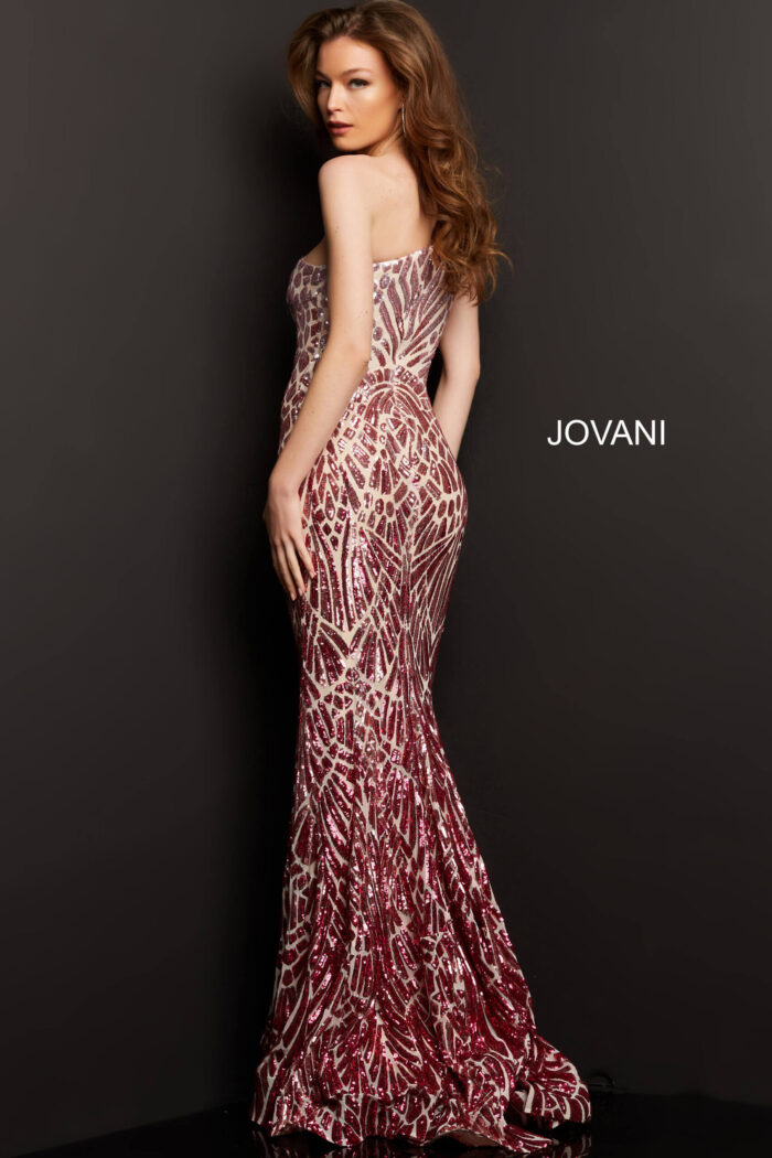Model wearing Jovani 06469 pink fuchsia dress front view