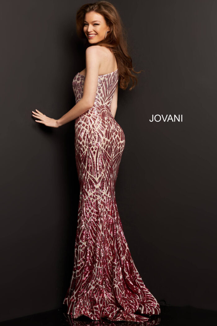 Model wearing Jovani 06469 pink fuchsia sequined dress back