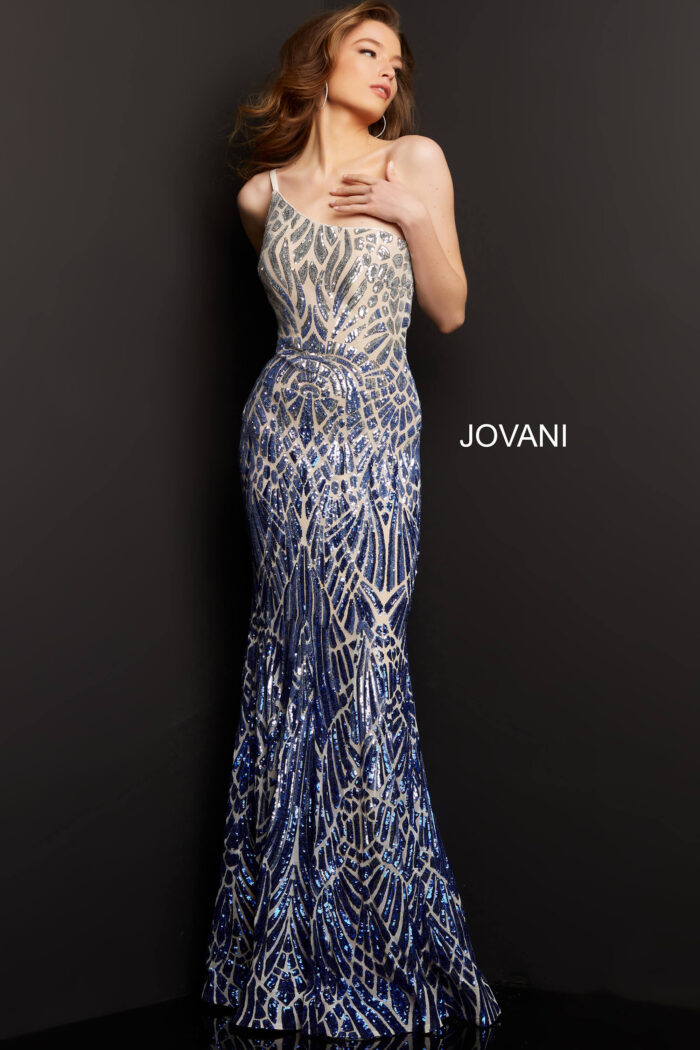 Model wearing Jovani 06469 silver royal sequined dress
