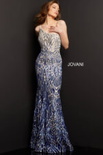 Model wearing Jovani 06469 silver royal sequined dress