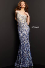 Model wearing Jovani 06469 silver royal sequined dress front
