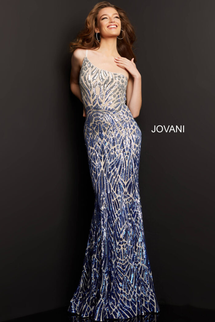 Model wearing Jovani 06469 silver royal sequined dress front