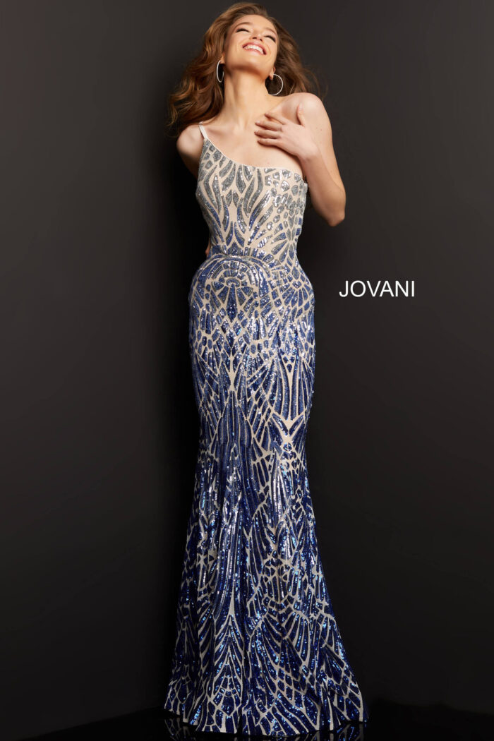 Model wearing Jovani 06469 silver royal dress back view