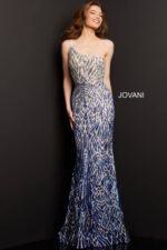 Model wearing Jovani 06469 silver sequined dress full length
