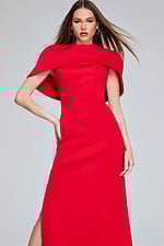 Front view of Jovani 06538 red dress highlighting the high neckline and floor-length style.